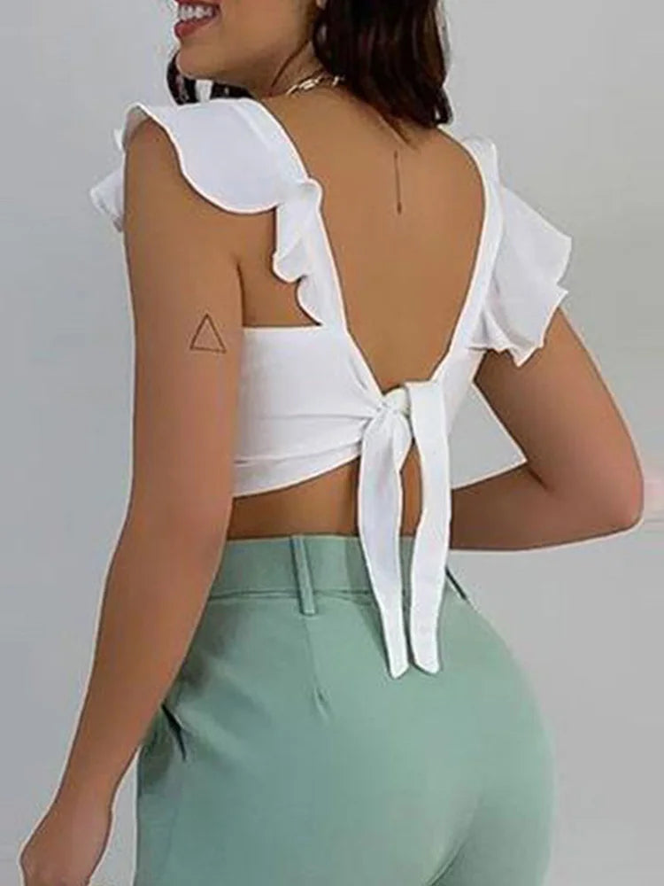 maoxiangshop Solid Ruffles Backless Knotted Crop Tops & Pocket Design Belted Pants Set Casual Women Two Piece Set Outfits
