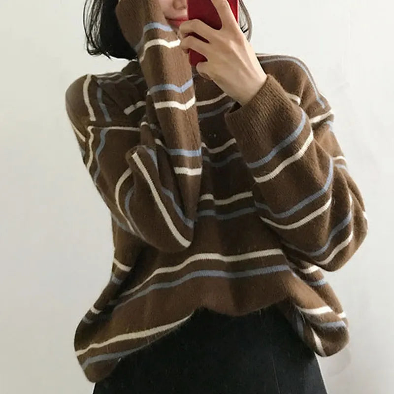 maoxiangshop Women Pullovers Crew-Neck Knitted Jumper New Student Striped Sweater Aesthetic Outfit