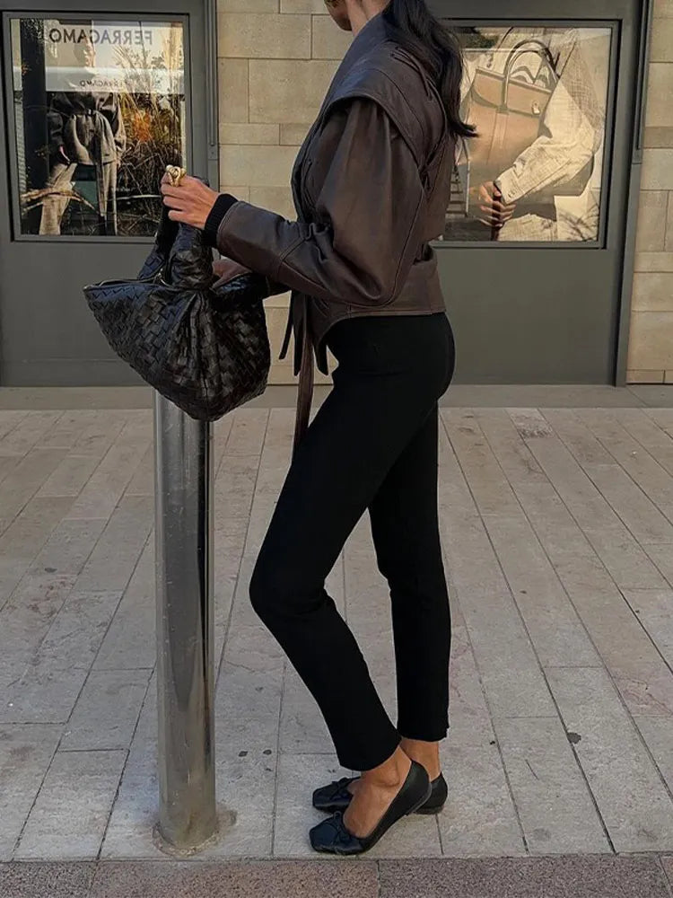 maoxiangshop - Fashion Leather Woman Short Jacket With Belt Turn Down Collar Long Sleeve Motorcycle Coat Ladies Winter Warm Street Outerwear