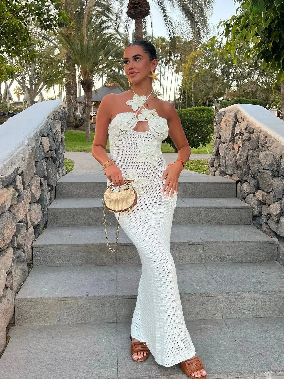 Sexy 3D Flower Knitted Dress Women Hollow Out Halter Sleeveless Beach Long Dresses Female Summer Vacation Ladies Vestidos