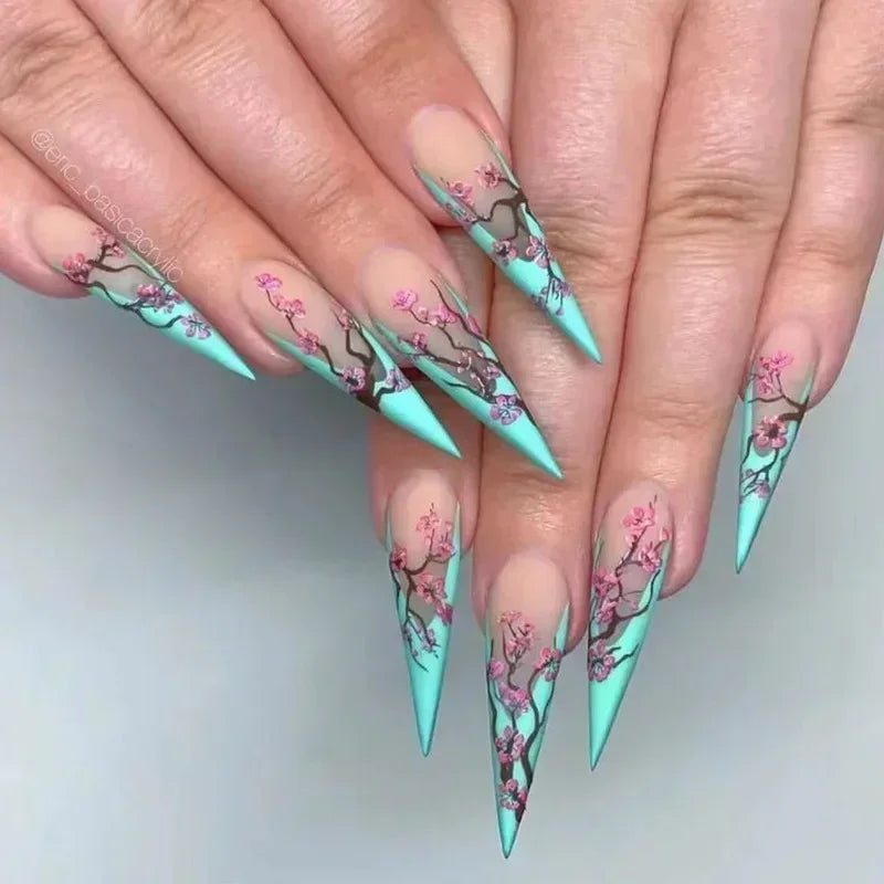 maoxiangshop 24Pcs False Nails With Glue Almond Pink Butterfly Design Detachable Rhinestones Acrylic Fake Nails long stiletto Press On Nails