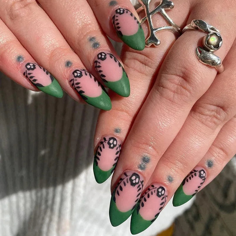 maoxiangshop 24Pcs Blue Flower False Nails Almond Cute Heart with French Design Detachable Fake Nails Artificial Press on Nails Tips Art