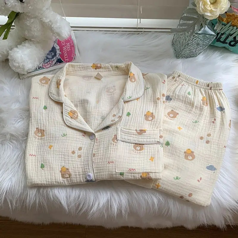 maoxiangshop - Cotton Double-layer Gauze Pajamas For Women's Fashion Cute Carrot Print Long Sleeve Tops + Pant Home Clothing Two-piece Set