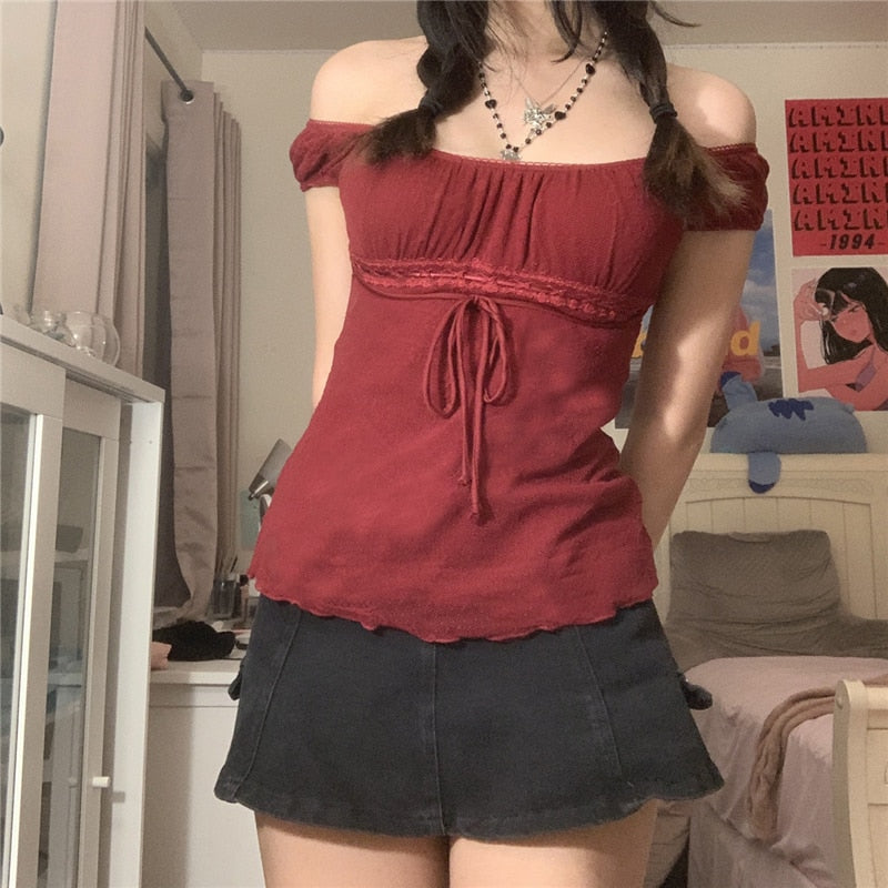 maoxiangshop y2k Aesthetic Lace Tops Fairy Grunge Women Short Sleeve Drawstring Tshirt Off Shoulder Clothes Korean Fashion T Shirt Streetwear