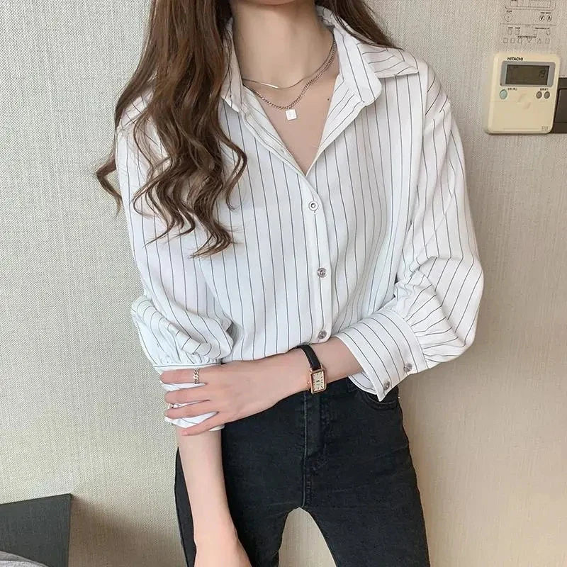 maoxiangshop Classic Striped Shirts Women Spring Autumn Polo-neck Single-breasted Long Sleeve Cardigan Blouse Fashion Office Shirt Top Women