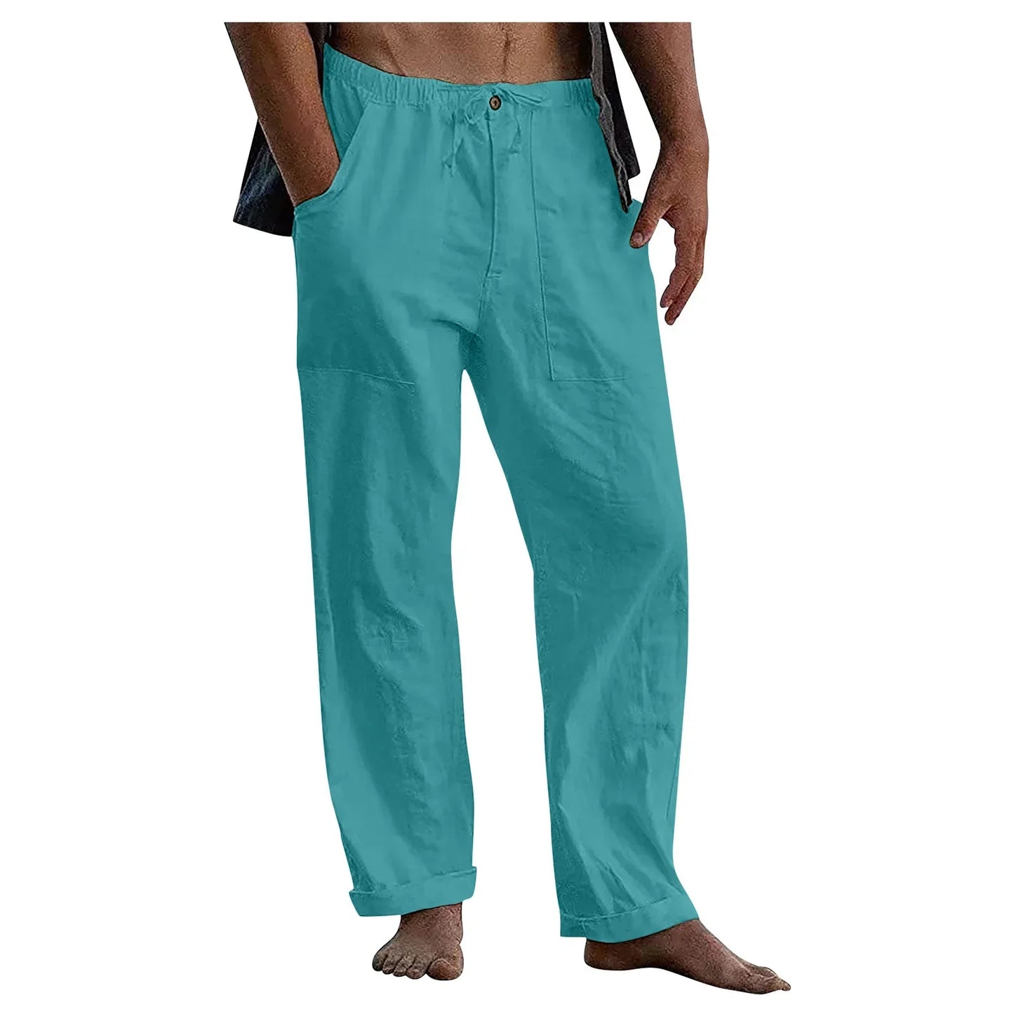 maoxiangshop New Men's Cotton Linen Pants Summer Solid Color Breathable Linen Trousers Summer elastic waist drawstring loose pants