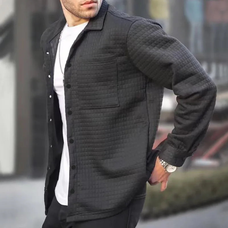 maoxiangshop Autumn Men Cardigan Small Checkered Long-sleeved Coat Shirt Men's Fashion Casual Large Size