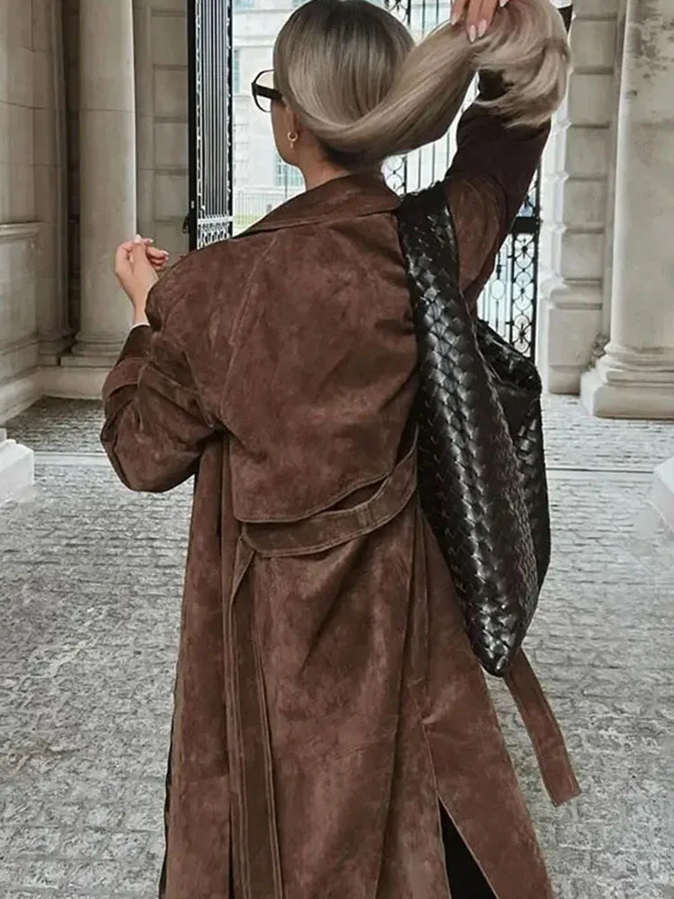 maoxiangshop - Female Retro Jacket Elegant Brown Belted Waist Long Coat Double Breasted High Street Autumn Fashion Full Sleeve Outwear