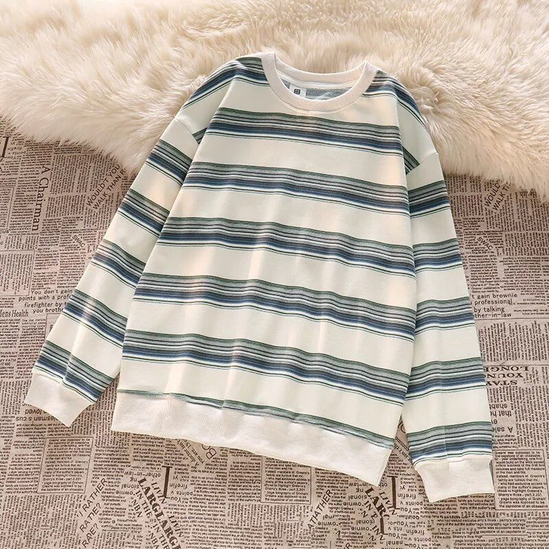 maoxiangshop Oversized Striped Pullover Sweatshirt Women Crew Neck Y2K Vintage Grunge Aesthetic Streetwear