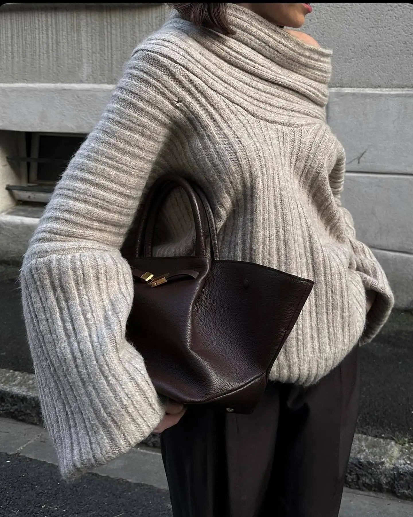 maoxiangshop - Elegant Oversize Knitted Thick Pullover Winter Fashion Slash Neck Full Sleeve Gray White Warm Women Sweater Streetwear