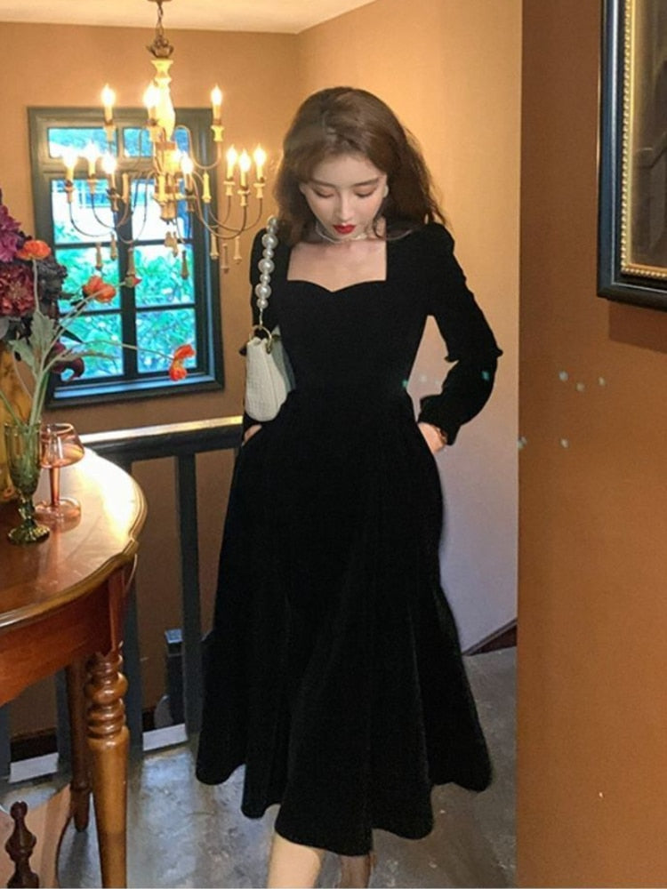 maoxiangshop Winter Black Velvet Dress Women France Vintage Party Dresses Long Evening Elegant One Piece Dress Korea Female Clothing New