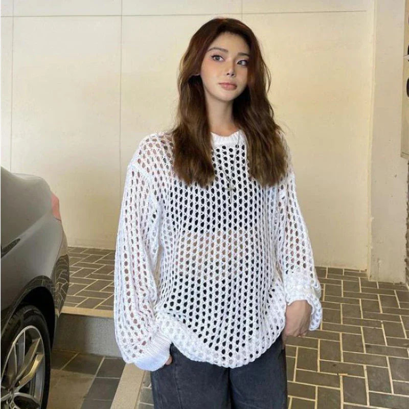 maoxiangshop Hollow Out Knit T-shirt Women Y2K Casual Loose Fishing Net Long Sleeve Female Top Summer Street White Lady Pullovers Tops