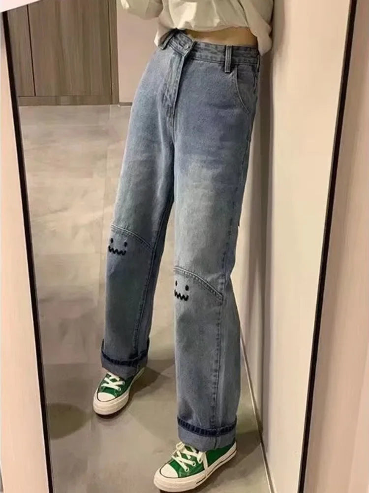 maoxiangshopIns Ladies Jeans Personality Letter Jeans Hip Hop Tide Street Trend Ruffian Handsome Trousers High Waisted Wide Leg Pants