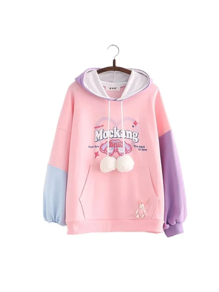 maoxiangshop Sweet Style Letter Print Patchwork Harakuju Women Hoodies Drawstring Hooded Sweatshirt Winter Female Cotton Kawaii Pullover