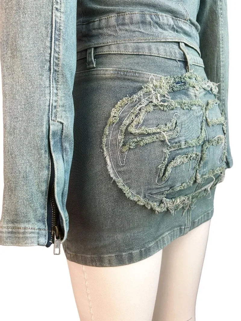maoxiangshop - Tassel Letter Embroidery Denim 2 Piece Set Women Autumn Stand Collar Long Sleeve Zipper Jacket Tops + Mini Skirts Jeans Suits