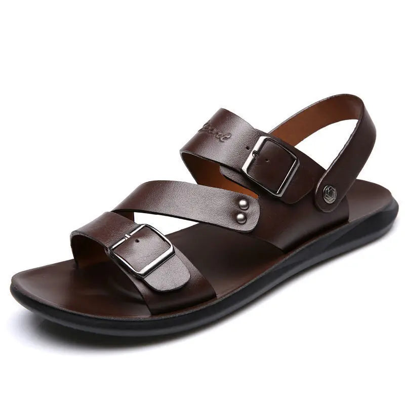 maoxiangshop Comfortable Men's Sandals Solid Color Open Toe Mens Leather Sandals New Slippers Beach for Male Leather Footwear