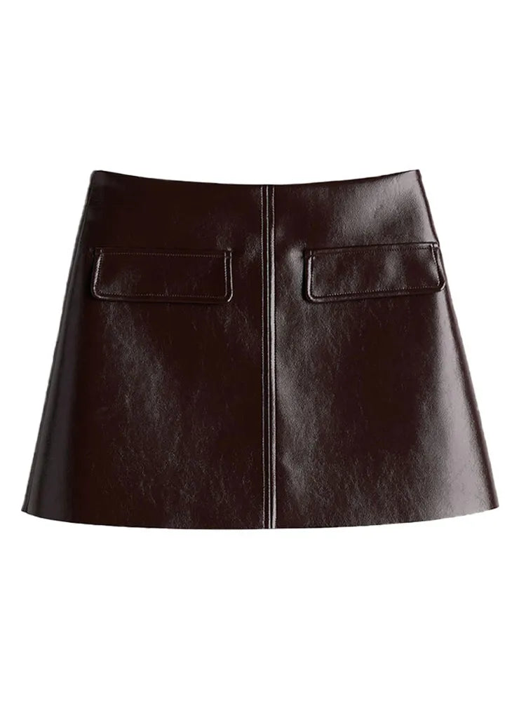 maoxiangshop - Fashion Leather Jacket Skirt Suit Women Lapel Button PU Coat Mini Skirts 2 Pieces 2024 Lady Autumn Street New in Matching Sets