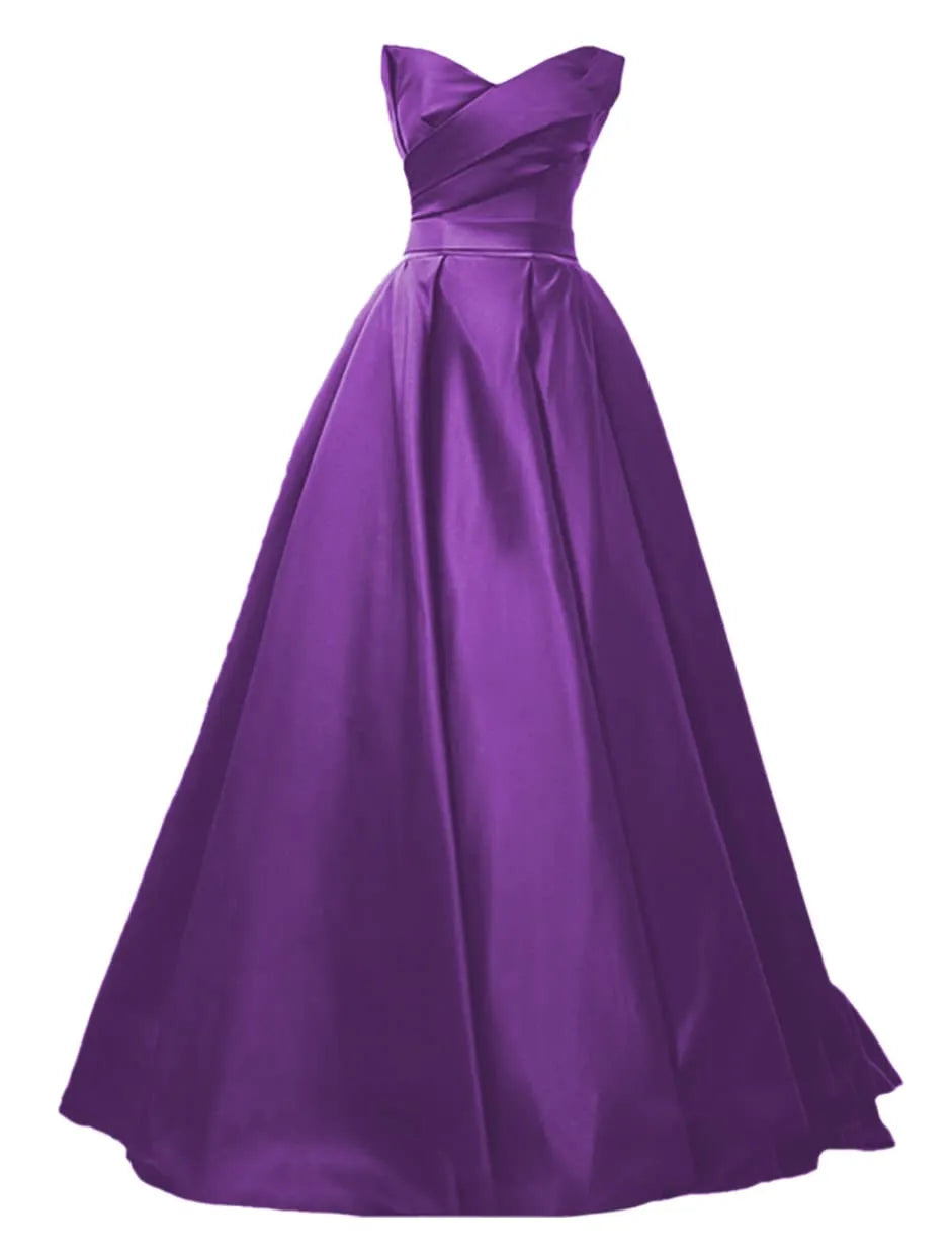maoxiangshop Elegant A-Line Strapless Satin Evening Dresses for Women Sweetheart Neck Back Lace-up Floor Length Prom Gowns with Pleat