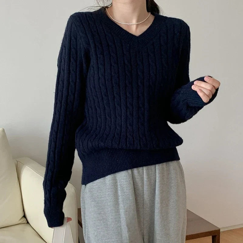 maoxiangshop-Women's Twist Pullover Knitted Sweater Solid Casual Jumper Fall Winter Vintage Embroidered V-Neck Long Sleeve Top