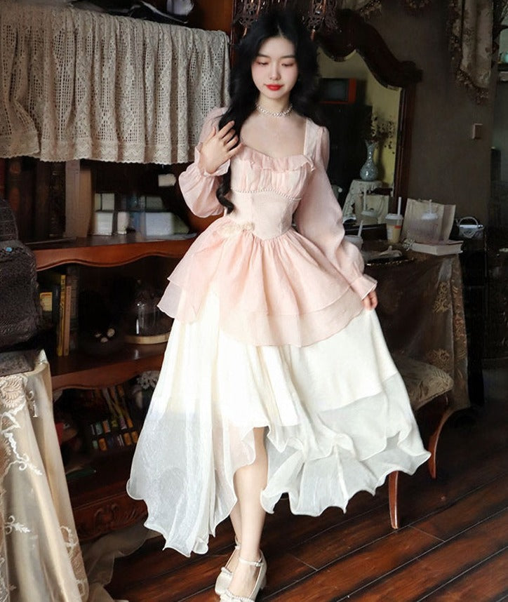 maoxiangshop New High Waisted French Style Long Sleeve Elegant Dresses Chic A Line Casual Dress Chiffon Long Dress for Women