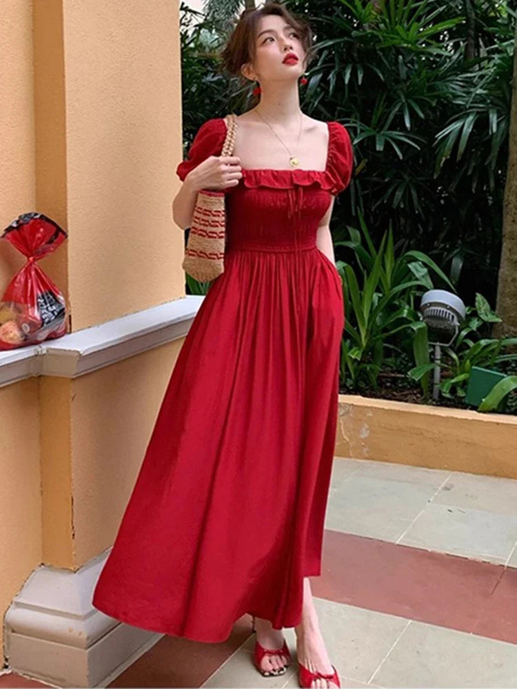 Summer New Women Elegant Midi Chic Drawstring Dresses Holiday Prom Beach Robe Vestidos Clothes