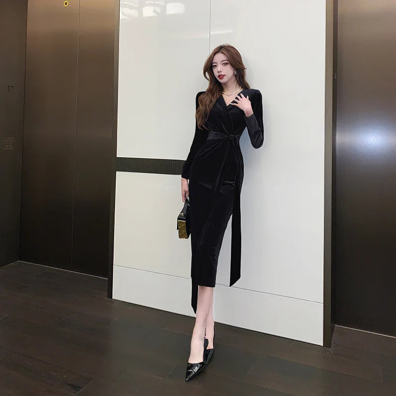 maoxiangshop Vintage Sexy Party Black Velvet Midi Dresses for Women Autumn New Elegant Fashion Slim Lace Up Long Sleeves Female Clothing