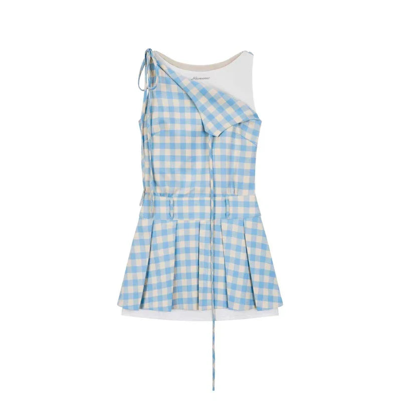 maoxiangshop - 2000s Vintage Blue Plaid Fake Two Piece Dress Women Casual Retro Y2k Mini Dress Summer 2024 Japanese Fashion Sweet Cute Dress
