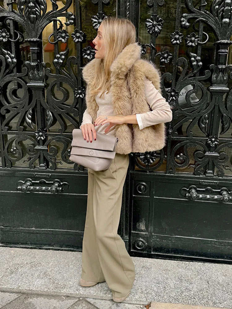 maoxiangshop - Elegant Faux Fur Women Vest Thicken Lapel Single Breasted Warm Lady Sleeveless Coat 2024 Fashion Autumn Winter Female Outwear