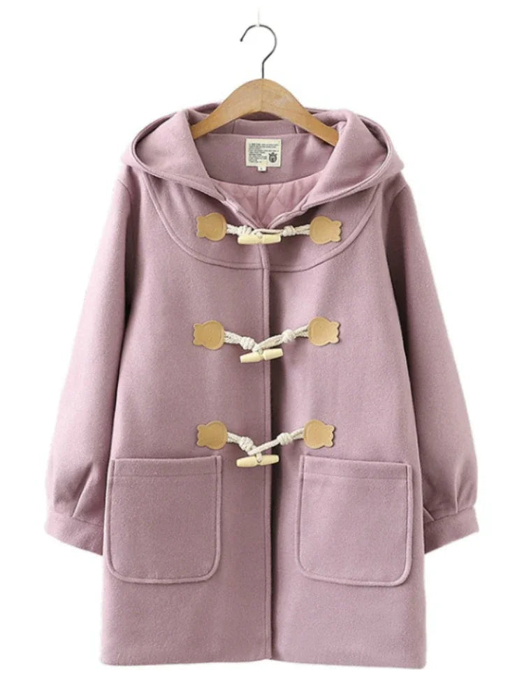 Purple Solid Warm Wool Blends Long Hooded Coat Straight Women Horn Button Casual Female Warmness Outwear