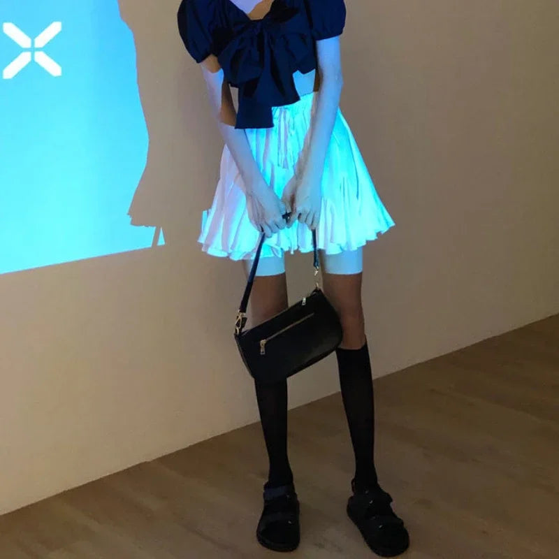 maoxiangshop Kawaii Ruffles Mini Skirt Women Korean Style White High Waist A-line Patchwork Lace-up Cute Pleated Skirt Shorts Summer