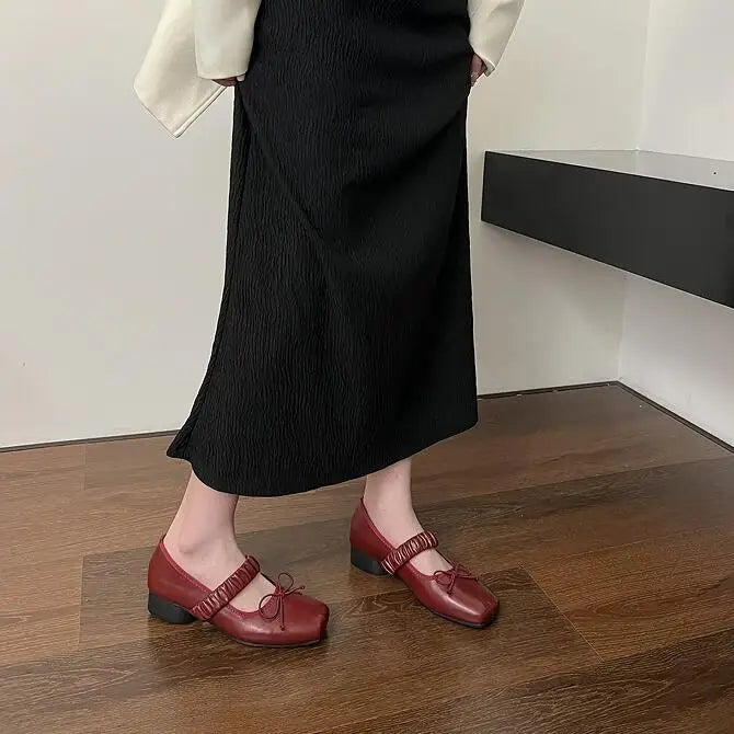 maoxiangshop - Korean Style Retro Mary Jane Shoes Square Toe Women's Shoes Bowknot PU Ballet Flats Spring/Autumn Flats Women Shoes