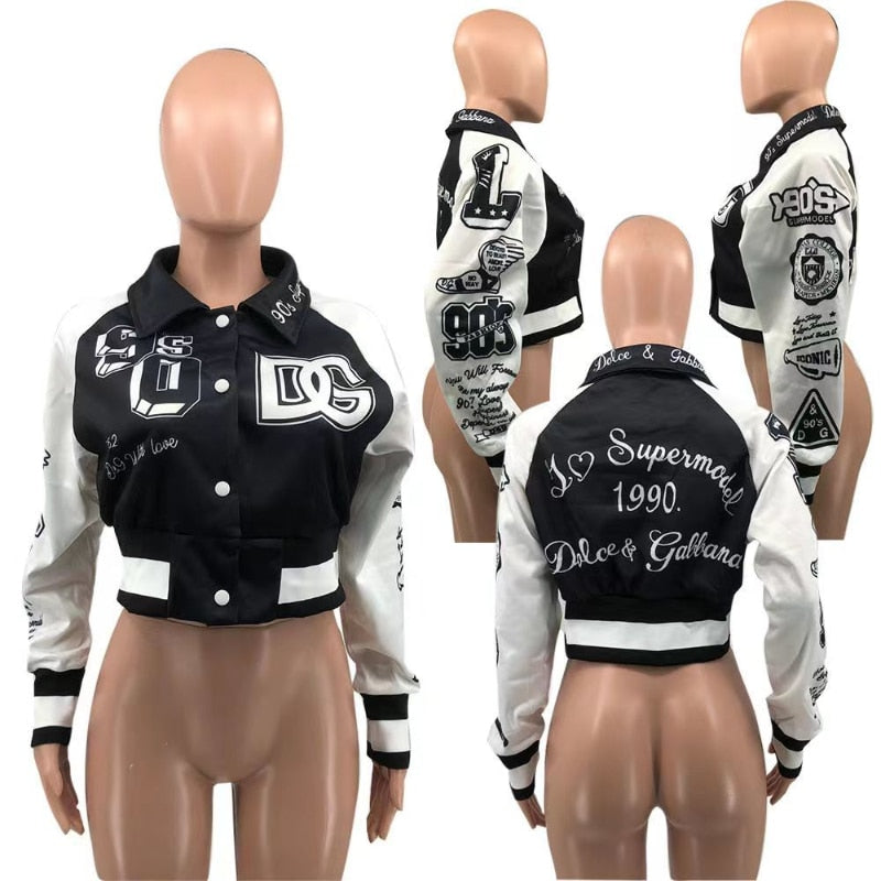 Varsity Bomber Jacket Women Baseball Fashion Spring And Autumn Jackets Long Sleeves Patchwork Button Black Crop Top Jacket Coat