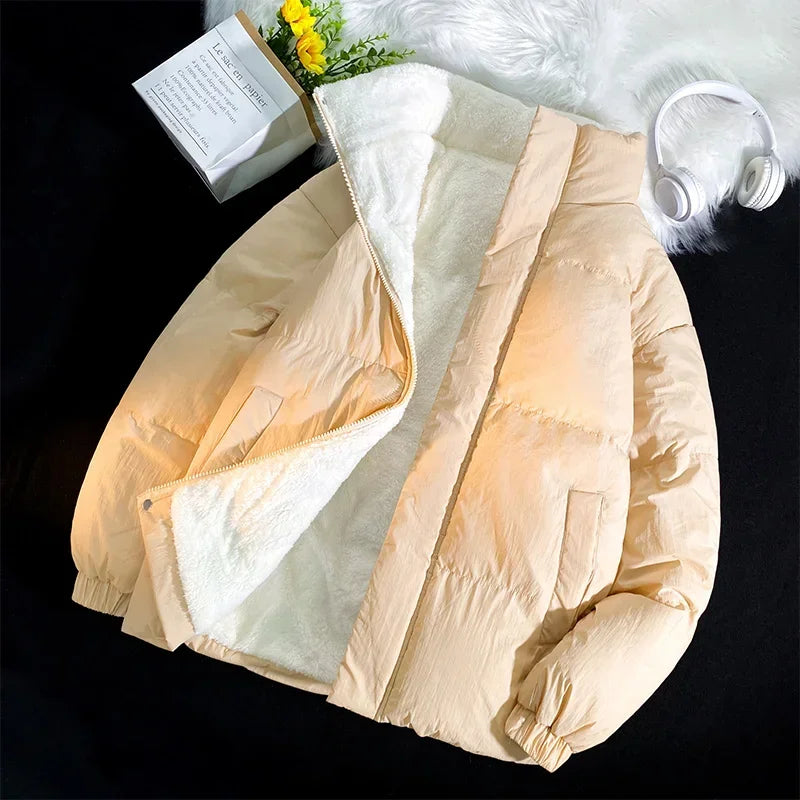 maoxiangshop WINTER OUTFITS Green Puffer Jacket Men Style Winter Lamb Wool Stand Up Collar Casual Jackets Men Thick Warm Coats Streetwear Solid Color Jacket