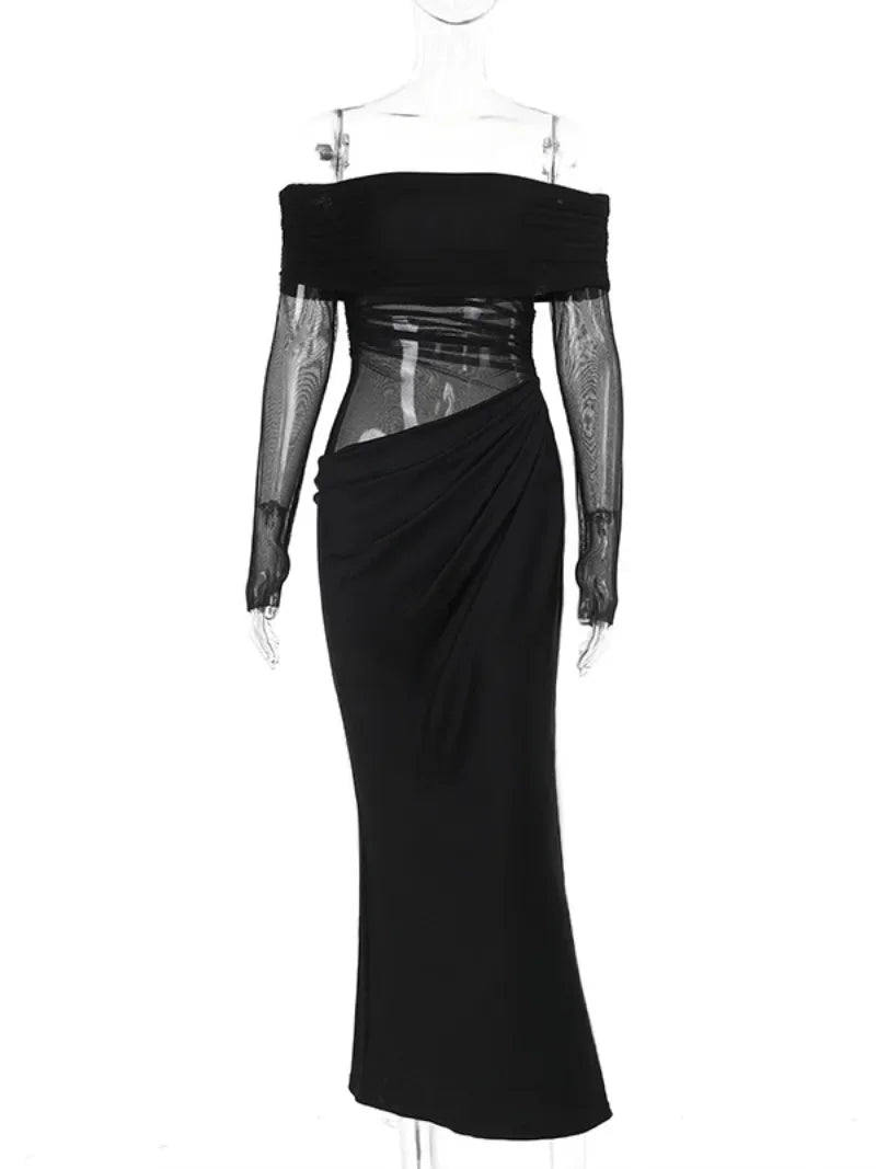 maoxiangshop - Women Autumn Evening Party Dresses Elegant Slash Neck Off Shoulder Mesh Patchwork See-through Folds Long Black Dress High Street
