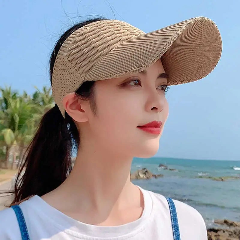 maoxiangshop Fashion Folds Design Women Empty Top Hat Summer Solid Color Large Brim Sunscreen Hat Outdoor Elastic Fabric Sports Sun Cap