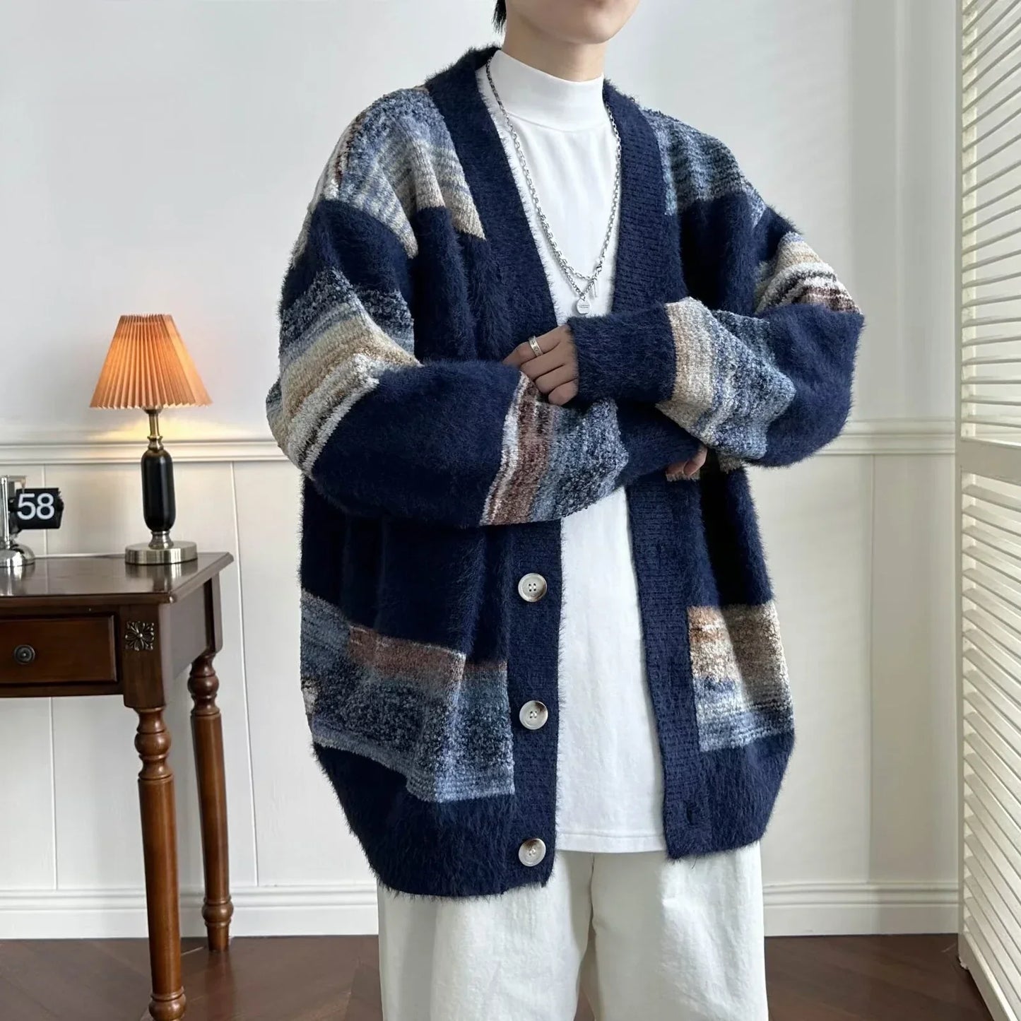 maoxiangshop Striped Cardigan Men Chic Baggy Slouchy V-neck Japanese Style Harajuku Vintage High Street Knitting Sweaters All-match Autumn