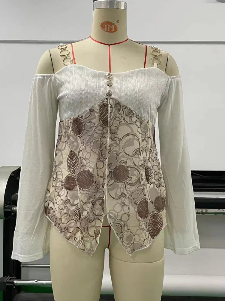 maoxiangshop Top Y2K Lolita Tops Off Shoulder Cyber Lace Top Exposure Simple Clothes 2024 Off White Women Gyaru Long Sleeve Clothes for Women