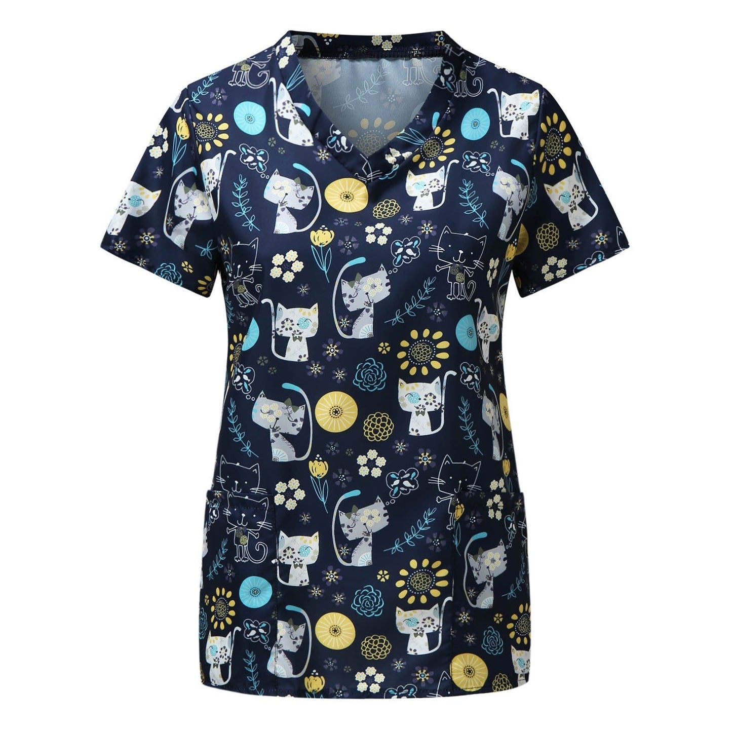 maoxiangshop Cute Cartoon Animals Print Christmas Nursing Scrubs Women Tops Short Sleeve pet salon Work Uniform Blouse Costume Shirts Female