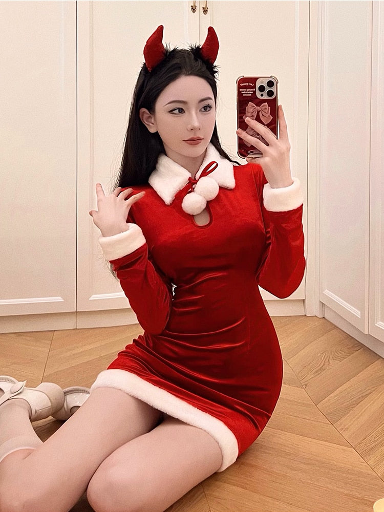 maoxiangshop Red Christmas Sexy Party Mini Dress Women Bodycon Elegant Korean Style Dress Female Long Sleeve Casual Dresses New Year Christmas