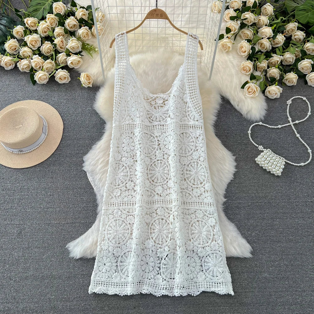 maoxiangshop Bohemian Beach Style Summer Dress Women Crochet Hollow Out Female Dresses Spaghetti Strap Sleeveless Vestidos De Mujer