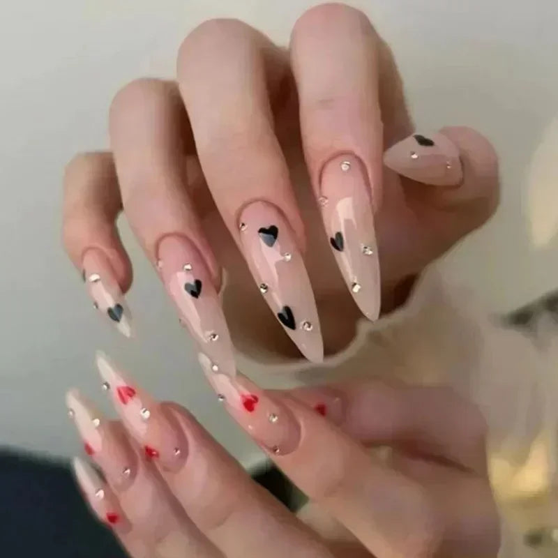 maoxiangshop 24Pcs False Nails With Glue Almond Pink Butterfly Design Detachable Rhinestones Acrylic Fake Nails long stiletto Press On Nails