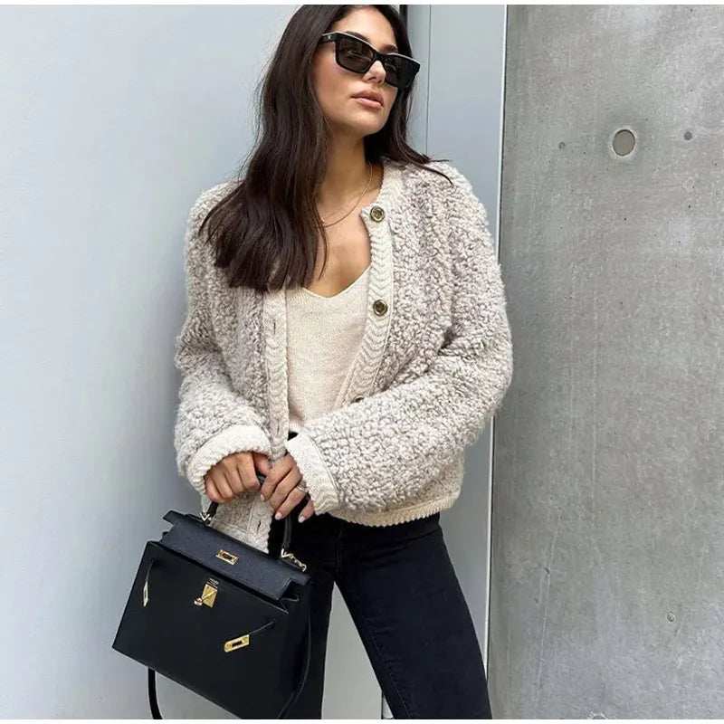 maoxiangshop - Fashion Lamb Wool Women Short Coats O-neck Long Sleeve Single Breasted Jackets Female Autumn Winter Office Lady Commuting Coat