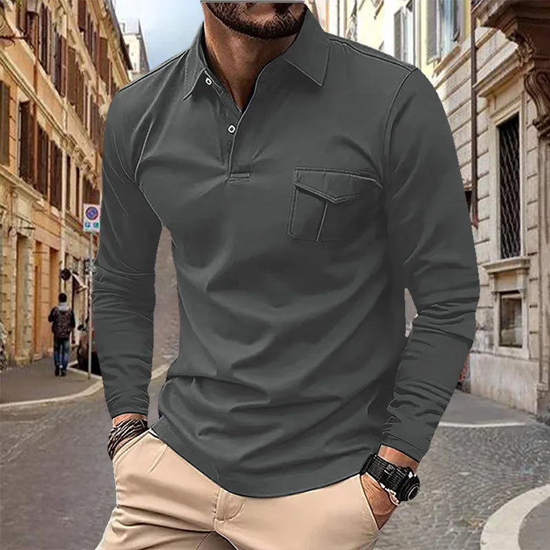 maoxiangshop 2024 Autumn Men's Polo Shirt Lapel Pocket T-shirt Men's Breathable Business Casual Long sleeved