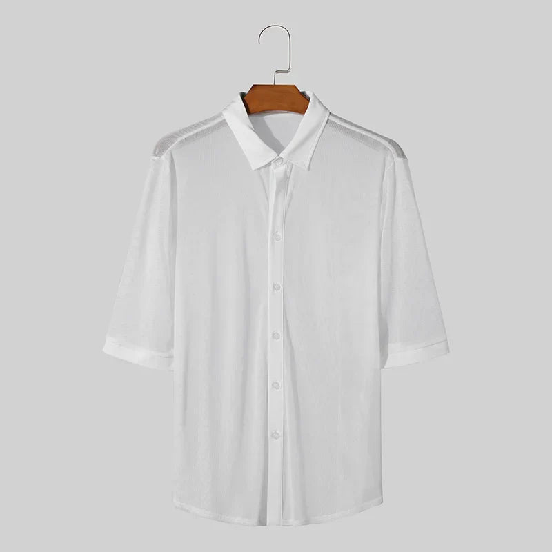 maoxiangshop 2024 Men's Shirt Lapel Half Sleeve Button Solid Color Summer Casual Men Clothing Transparent Streetwear Fashion Shirts