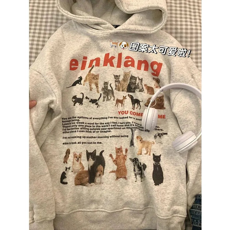 maoxiangshop2 Cat Dog Print Sudadera Fleece Loose Animal Pullovers Hooded Thick Casual Tops High Street American Women Vintage Sweatshirt