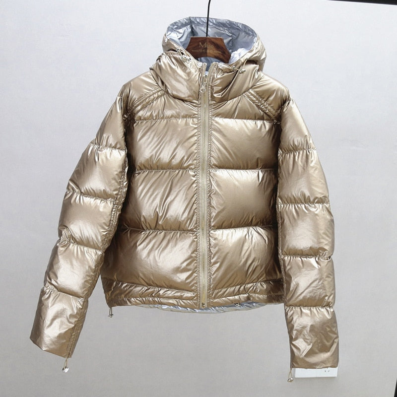 maoxiangshop Gold Silver Double Side Down Coat Winter Jacket Women Big Aritificial Fur White Duck Down Parkas Female Down Outerwear