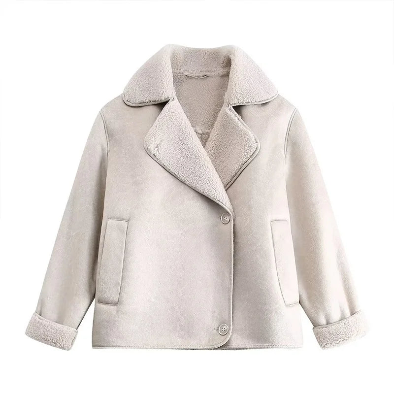 maoxiangshop - Casual Lapel Thick Faux Leather Jackets Women Vintage Single-Breasted Warm Wool Blends Coats Female Winter High Street Outwears