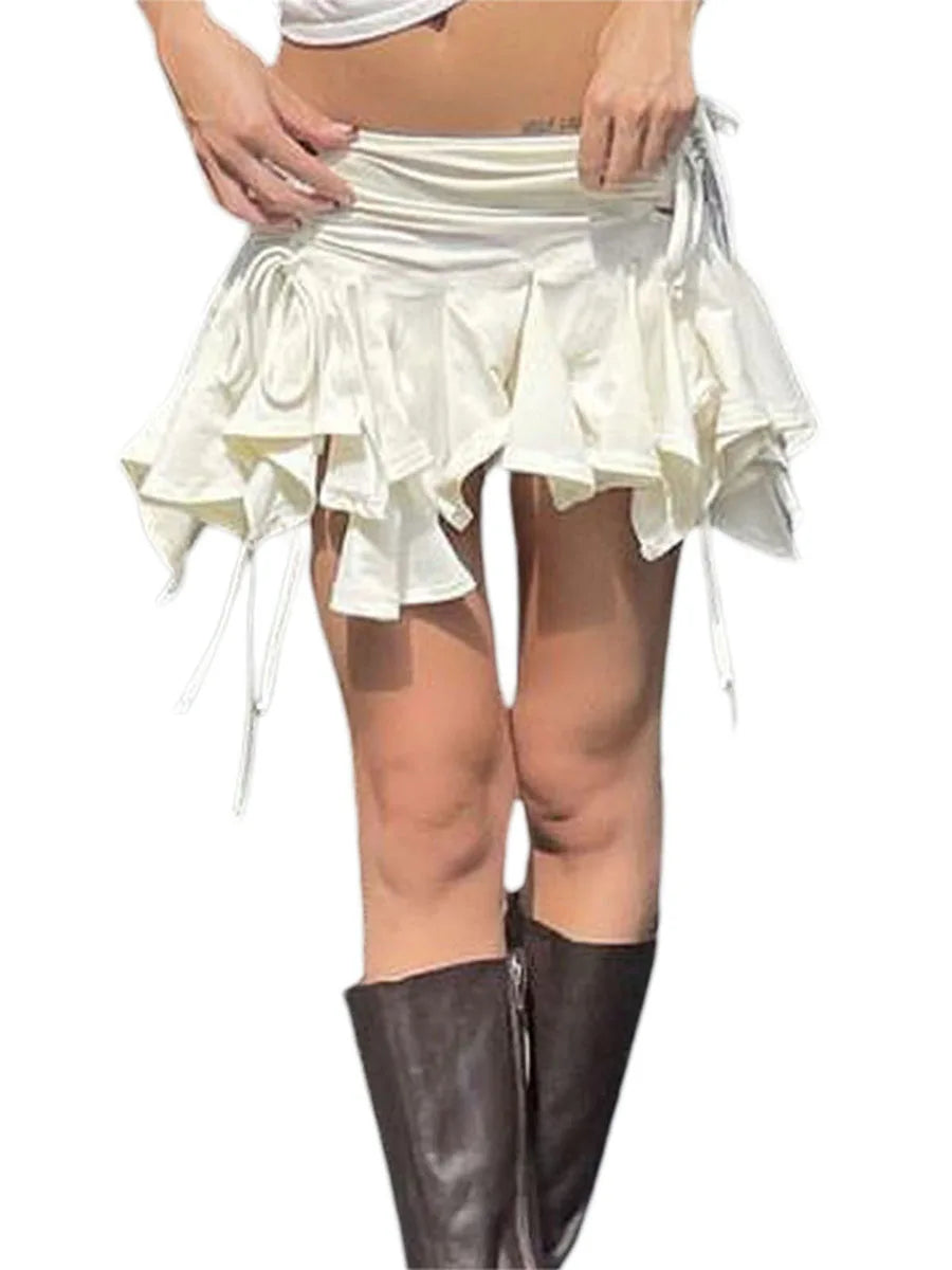 Women Solid Color Gothic Punk Irregular Skirts Summer Fashion Drawstring Tie-Up Ruched Ruffles Mini Skirt Black/White
