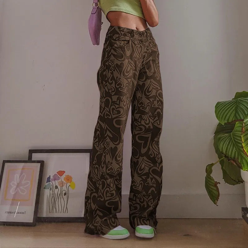 maoxiangshopBrown Baggy Girl Jeans Women Heart Print New Aesthetic Vintage 90s Streetwear Denim Trousers Low Waist Straight Pants