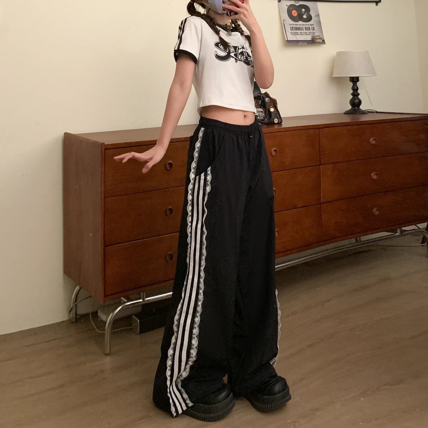 maoxiangshop - Women New Black Gothic Baggy Striped Pants 90s Vintage Oversize Y2k Trousers Streetwear Korean Harajuku Parachute Pants Clothes